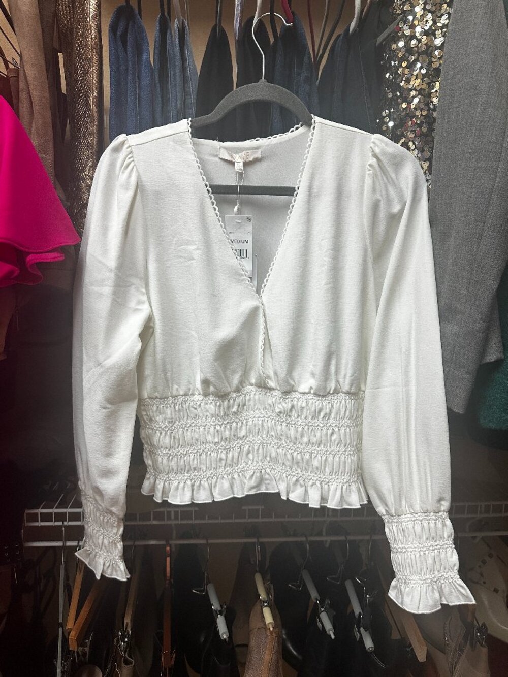 WAYF Ivory V Neck Smocked Waist Blouse Long Puff Sleeve Top Medium M NWT